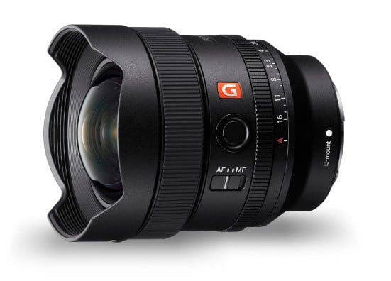 Objetivo Sony FE 14mm f/1.8 GM frontal, diseño compacto de la gama G Master